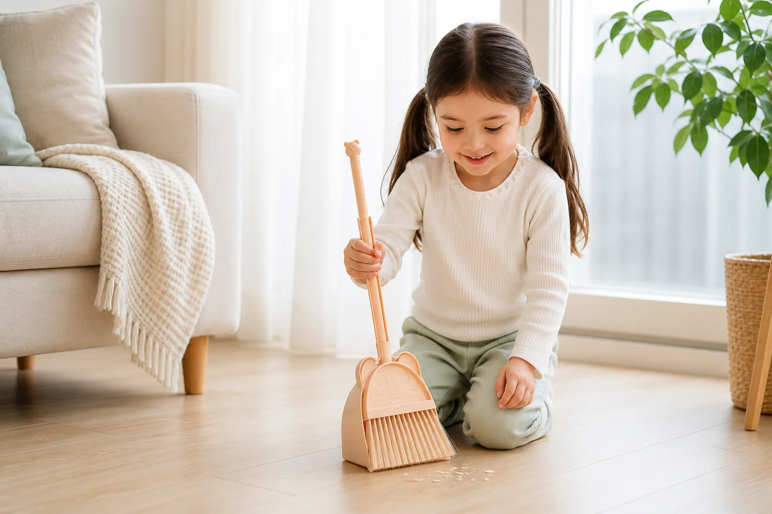 Kids cleaning tools vs toys used in a practical sweeping routine