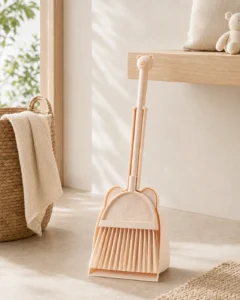 Cute bear face detail on kids broom and dustpan set