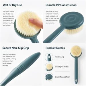 PP handle and dense nylon bristles for bath brush detail