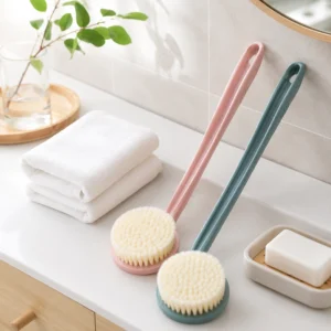 Scandinavian bathroom scene with macaron long handle bath brush
