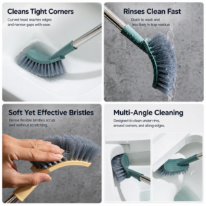 Close-up of curved toilet brush head and gray bristles