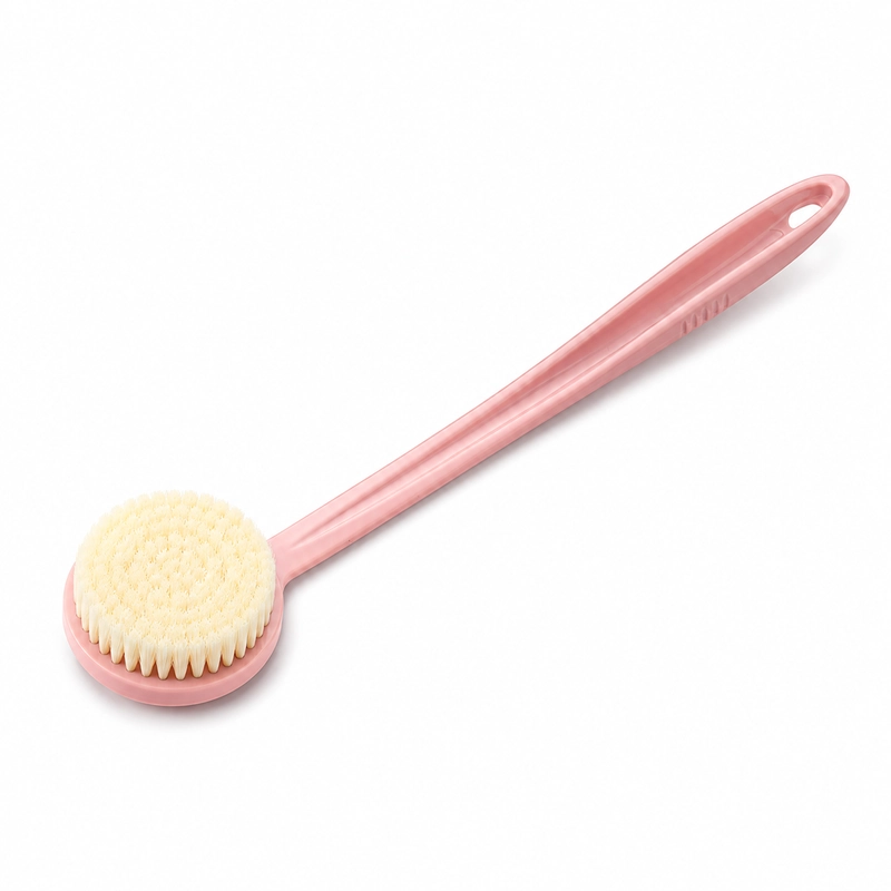 Macaron long handle bath brush in pink on white background