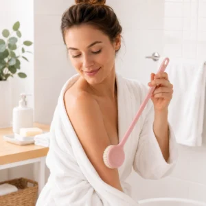 Adult model using pink long handle bath brush in bathroom