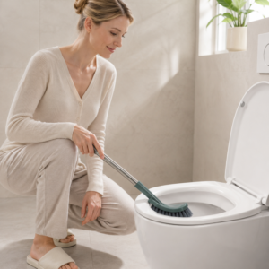 Macaron toilet brush displayed in a Nordic bathroom setting