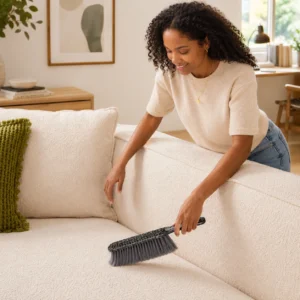 Woman Using Bed Cleaning Brush on Sofa Fabric