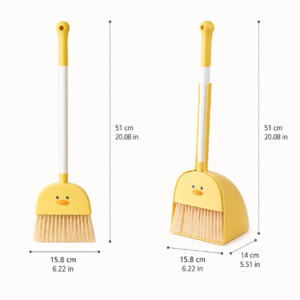 Yellow duck kids broom shown for toddler size reference