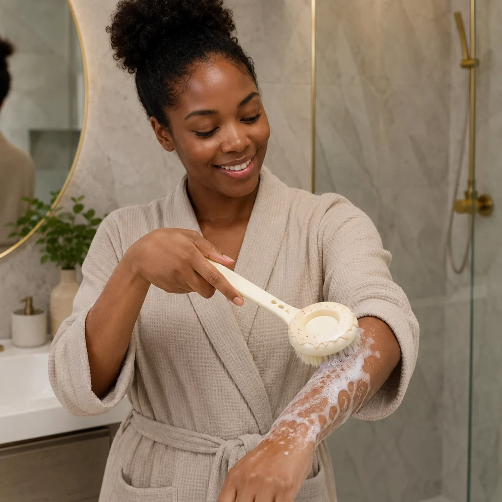 Lifestyle photo of soft bristle bath brush for body cleansing