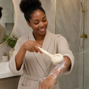 Lifestyle photo of soft bristle bath brush for body cleansing