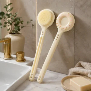 Doughnut bath brush showing front and bristle sides together
