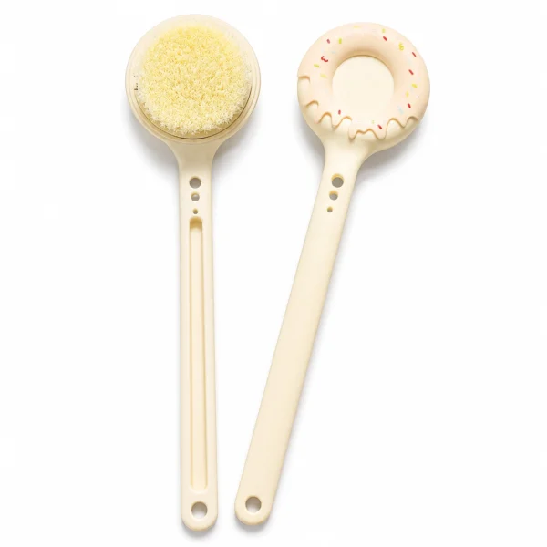 Doughnut long handle bath brush with soft bristles on white background