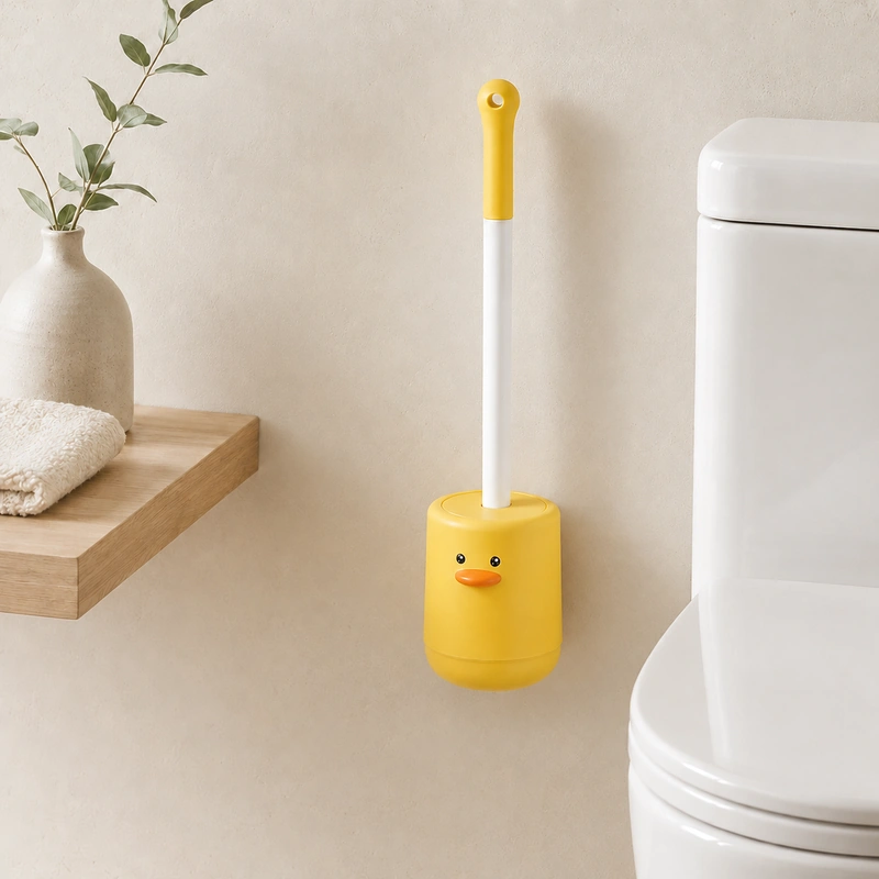 Yellow duck toilet brush displayed in a clean modern bathroom