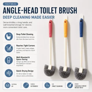 Woman cleaning a toilet with an angle head toilet brush in a modern bathroom