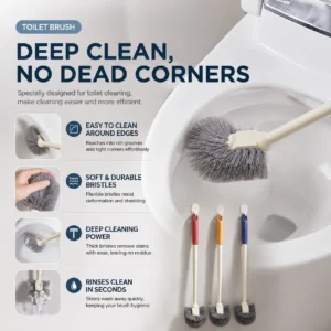 Red wall mounted angle head toilet brush hanging beside a toilet