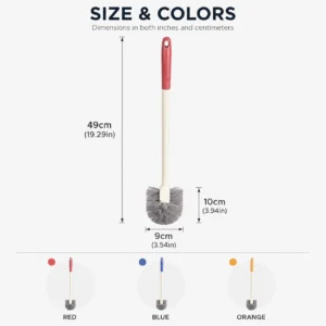Three angle head toilet brushes in red orange and blue
