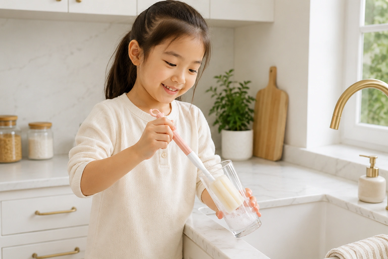 Pink Cactus Cup Cleaning Brush for Family Kitchen Use Child using a pink cactus cup cleaning brush in a family kitchen scene
