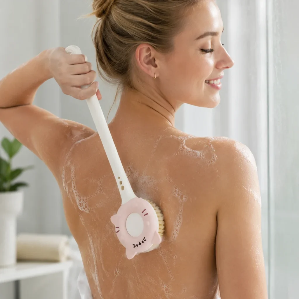 Model using cat bath brush for light bathroom cleaning at home