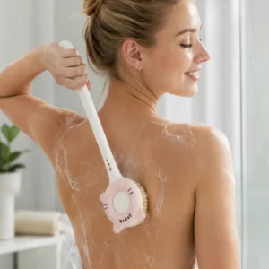 Model using cat bath brush for light bathroom cleaning at home