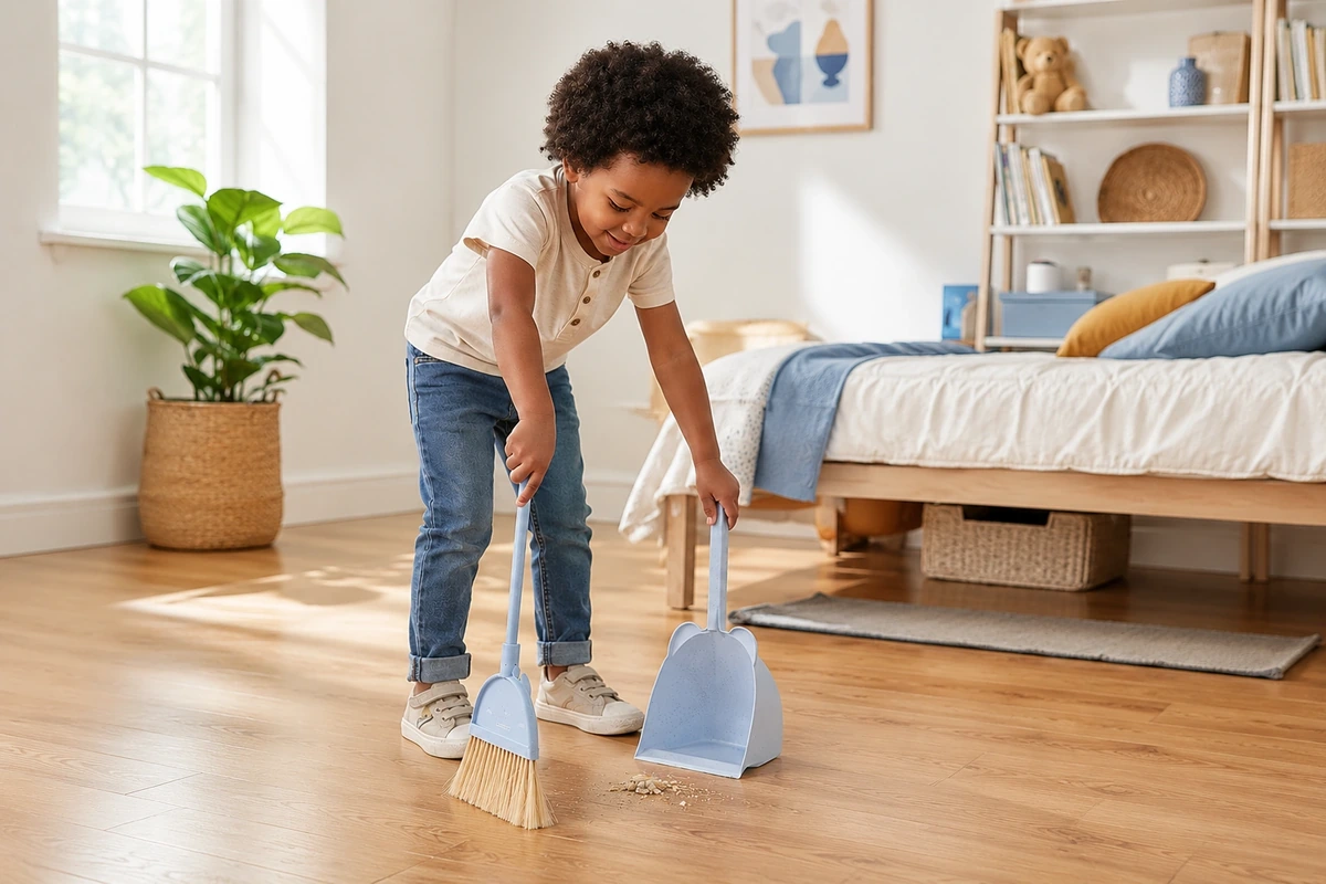 Child using a kids broom and dustpan set for private-label household cleaning tools