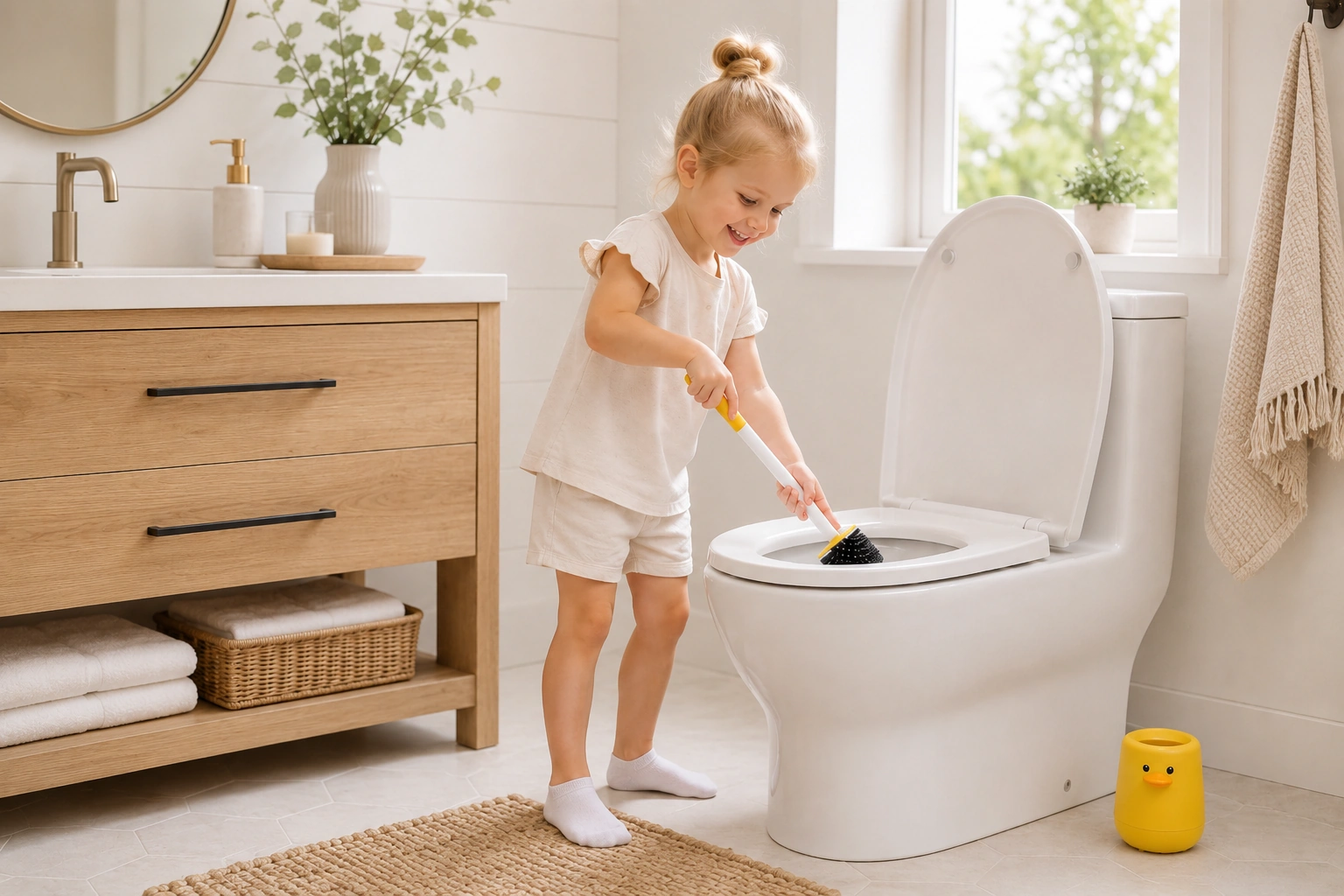 Yellow Duck Child-Friendly Toilet Brush for Family Bathroom Use Child using a yellow duck child-friendly toilet brush in a bathroom scene