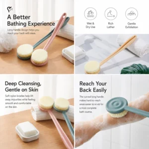 Close-up of soft nylon bristles on long handle bath brush