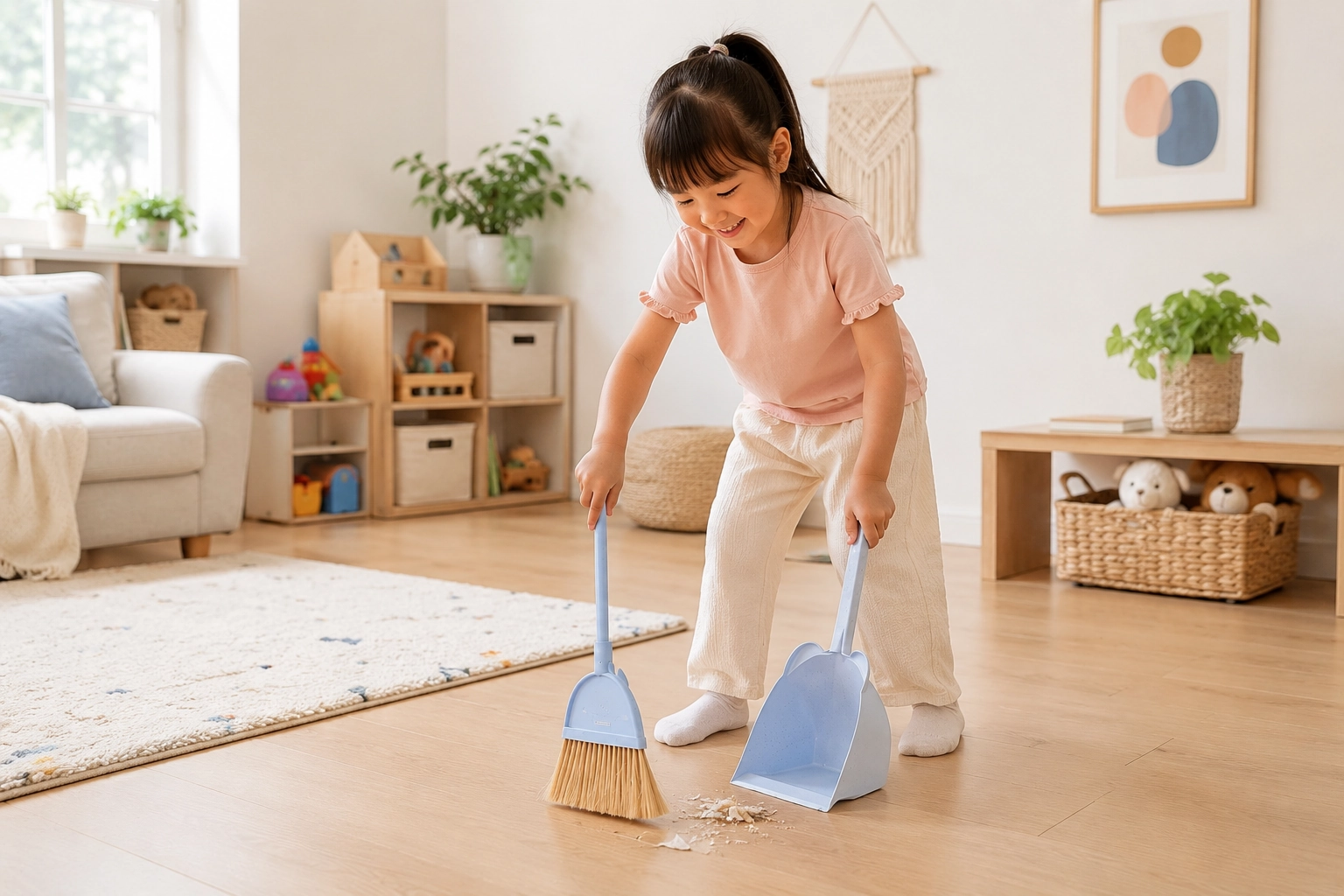 Child sweeping the floor with a kids broom and dustpan set