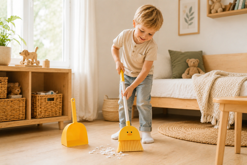 Child sweeping the floor with a kids cleaning set
