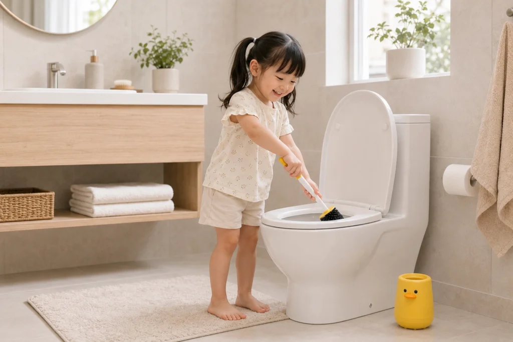 Asian girl using a yellow duck toilet brush in a clean modern bathroom