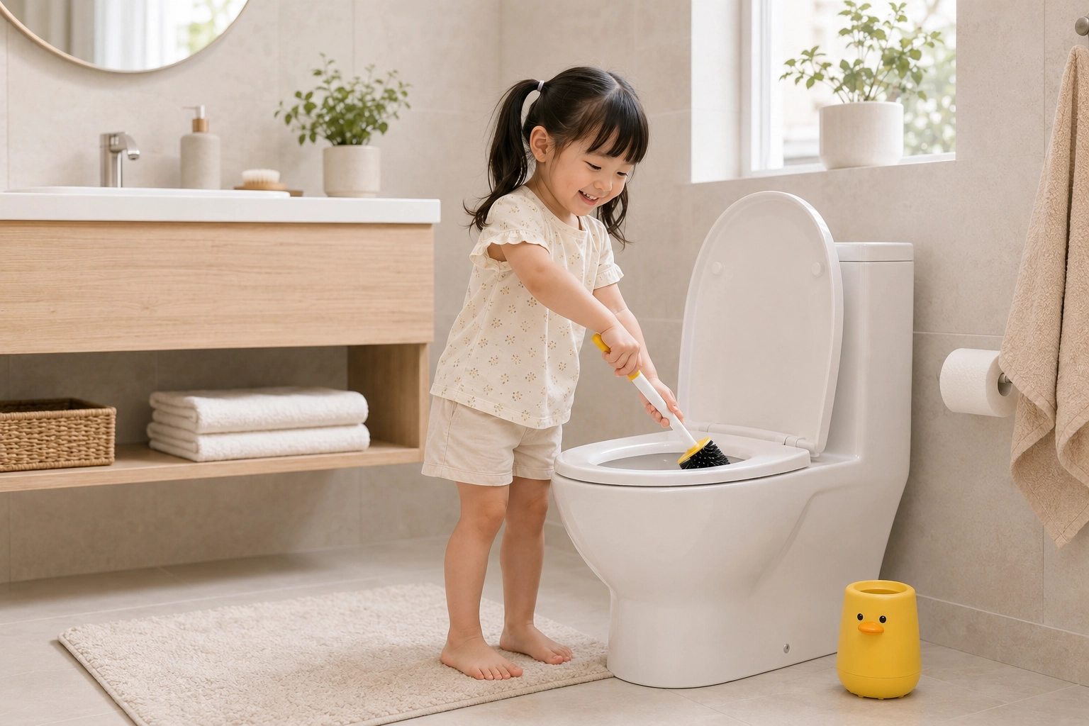 Children learning bathroom hygiene routines with a child-friendly toilet brush
