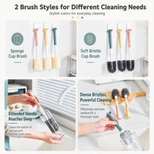 Dense bristle cup brush removes residue from drinkware