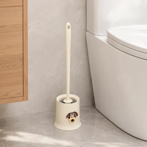 Cream dog face toilet brush with 360 degree spherical brush head and easy-rinse cleaning features
