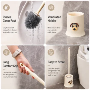 Cream dog face toilet brush set size chart with holder height width and brush length in cm and inches