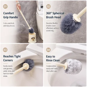 Cream dog face toilet brush with ventilated holder long comfort grip and compact upright storage