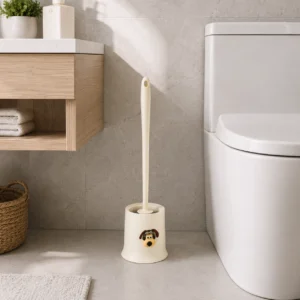 Cream toilet brush with gray spherical bristles cleaning under the rim of a modern white toilet