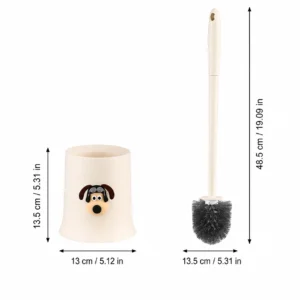 Cream dog face toilet brush stored beside a modern white toilet in a Scandinavian bathroom
