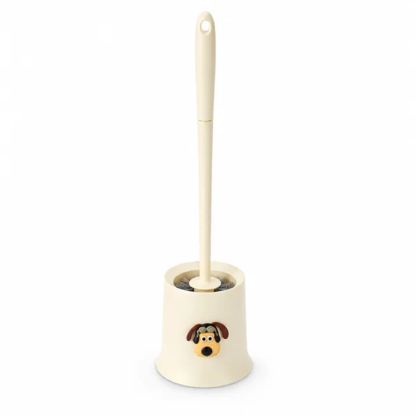 Cream dog face toilet brush and holder set on white background