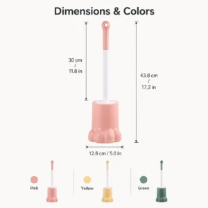 Cute paw toilet brush set in pink green and yellow colors in a bathroom