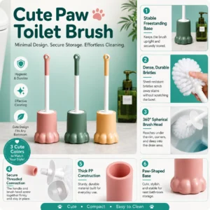 Cute paw toilet brush hygienic cleaning features with sealed lid and extended handle