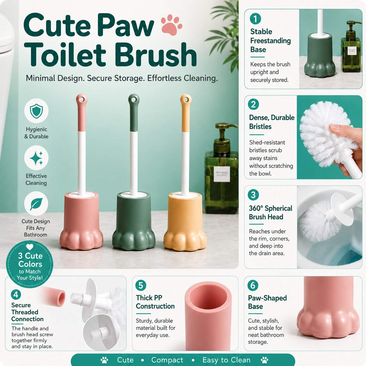 Paw-shaped toilet brush with holder and spherical brush head
