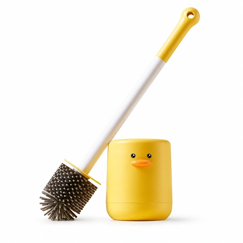 Yellow duck toilet brush with holder for bathroom cleaning