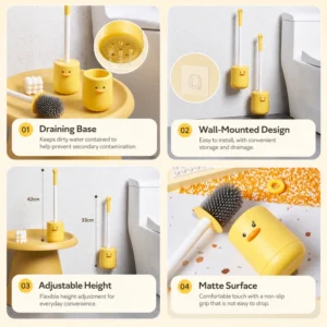 Flexible TPR brush head cleans toilet corners and rim areas