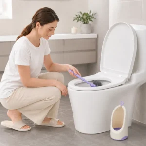 Model using J-shaped toilet brush for bathroom rim, sidewall, and corner cleaning