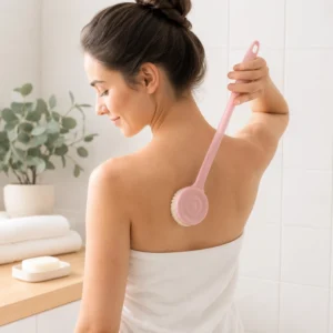 Textured non-slip grip detail on long handle bath brush