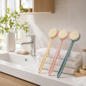 Pink beige and blue long handle bath brush color options