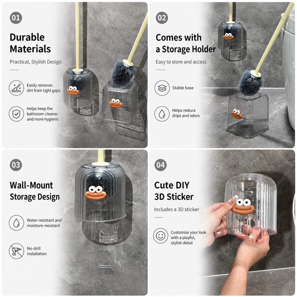 Funny face wall mount toilet brush holder feature details and no-drill storage structure