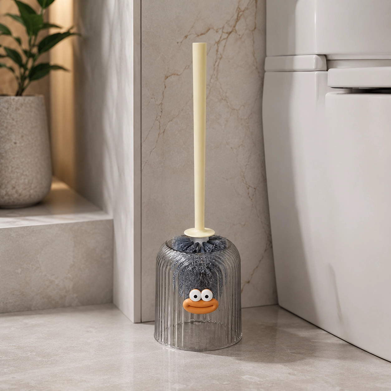 Funny face wall mount toilet brush with a round smoke gray holder