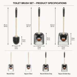 Funny face toilet brush size guide with holder and brush head measurements