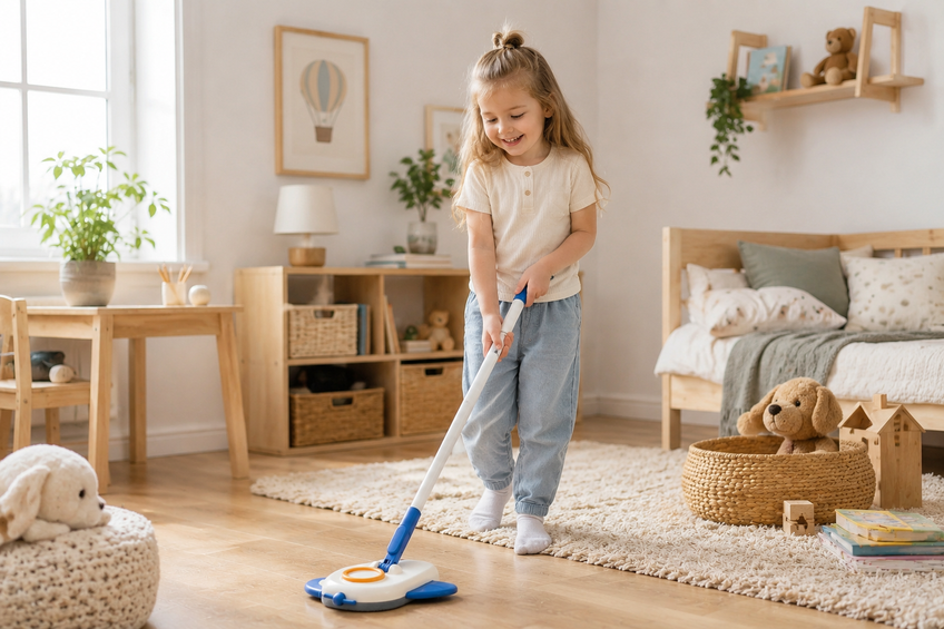 Girl using a kids mop to clean a bedroom floor