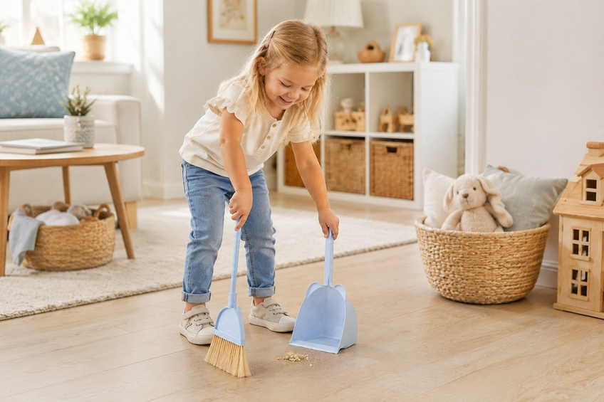 Girl sweeping the playroom floor with a child-sized broom