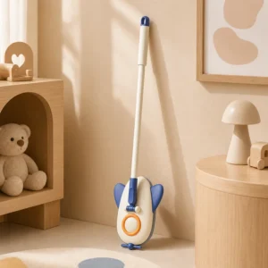 Child using airplane mop for pretend cleaning at home