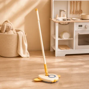 Back view of children’s airplane mop for preschool cleaning practice